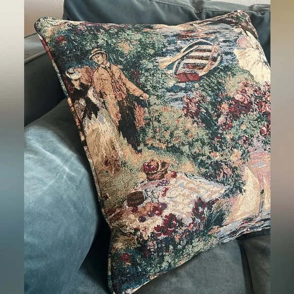 Vintage Tapestry Accent Throw Pillow Victorian Sail Boats Nautical - Picture 7 of 10